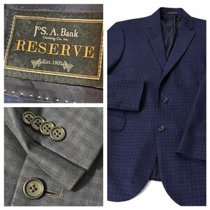 Jos A Bank Reserve Mens Navy Gingham Check Blazer Sport Coat 42R. SILK‎ WOOL